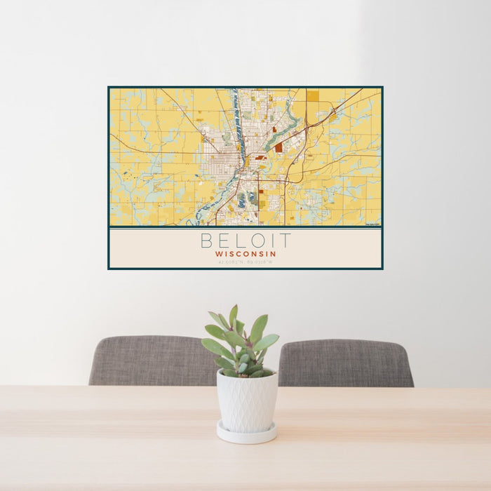 24x36 Beloit Wisconsin Map Print Lanscape Orientation in Woodblock Style Behind 2 Chairs Table and Potted Plant