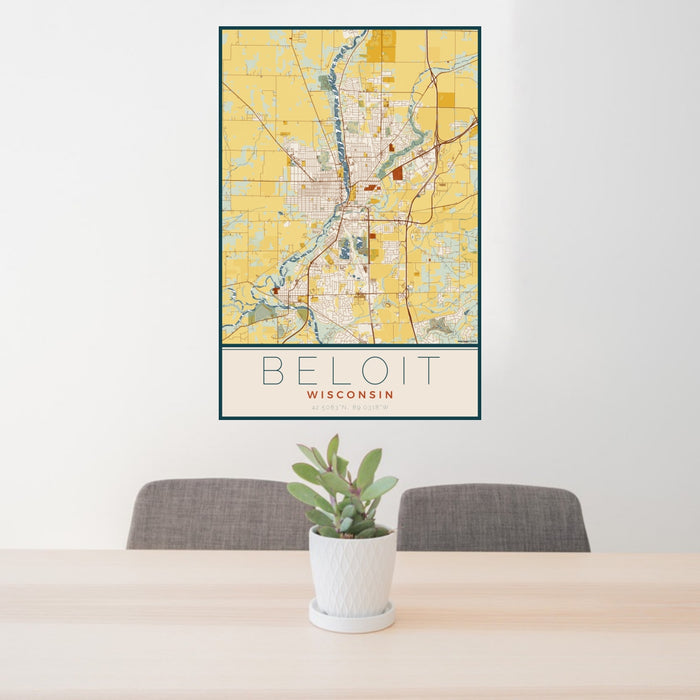 24x36 Beloit Wisconsin Map Print Portrait Orientation in Woodblock Style Behind 2 Chairs Table and Potted Plant