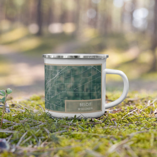 Right View Custom Beloit Wisconsin Map Enamel Mug in Afternoon on Grass With Trees in Background