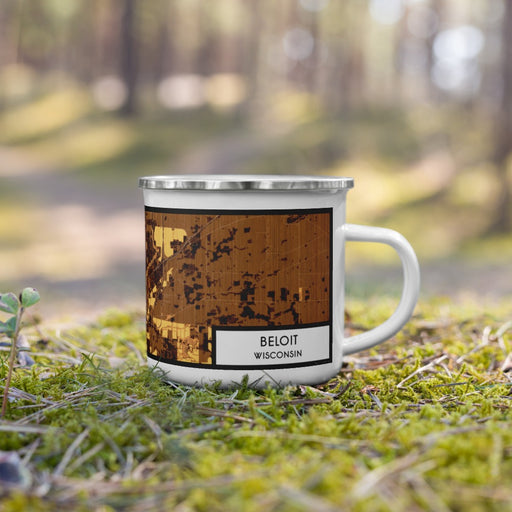 Right View Custom Beloit Wisconsin Map Enamel Mug in Ember on Grass With Trees in Background