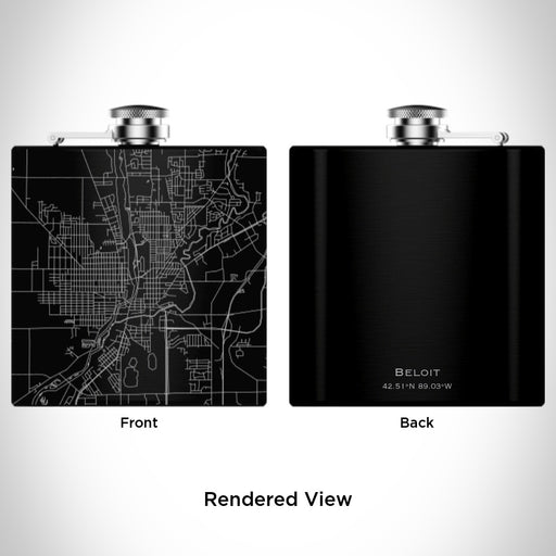 Rendered View of Beloit Wisconsin Map Engraving on 6oz Stainless Steel Flask in Black