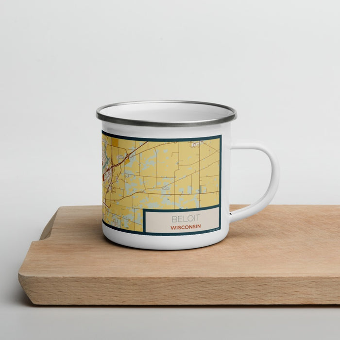 Right View Custom Beloit Wisconsin Map Enamel Mug in Woodblock