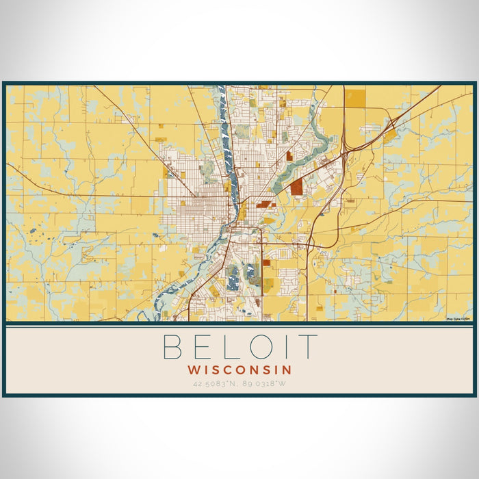 Beloit Wisconsin Map Print Landscape Orientation in Woodblock Style With Shaded Background