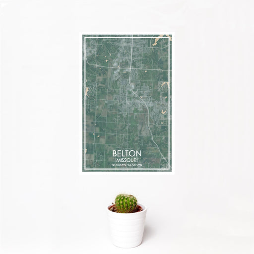 12x18 Belton Missouri Map Print Portrait Orientation in Afternoon Style With Small Cactus Plant in White Planter