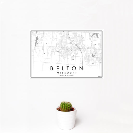 12x18 Belton Missouri Map Print Landscape Orientation in Classic Style With Small Cactus Plant in White Planter