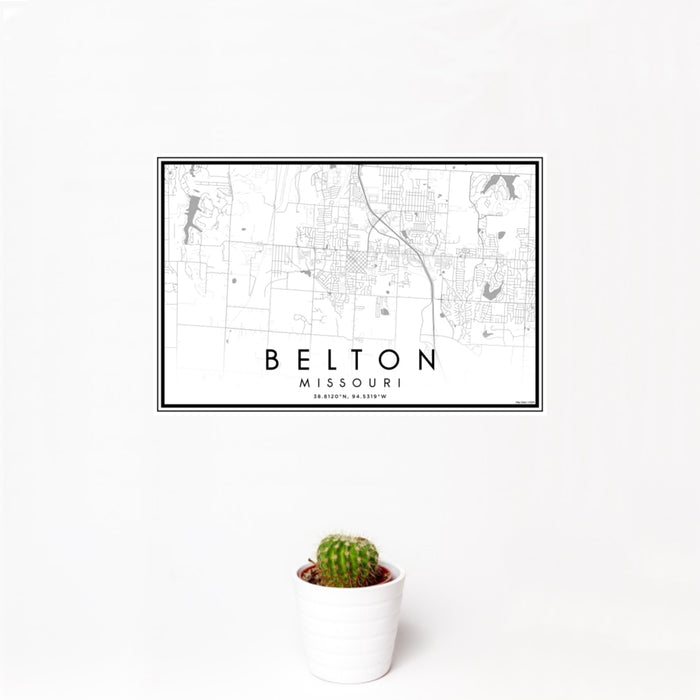 12x18 Belton Missouri Map Print Landscape Orientation in Classic Style With Small Cactus Plant in White Planter