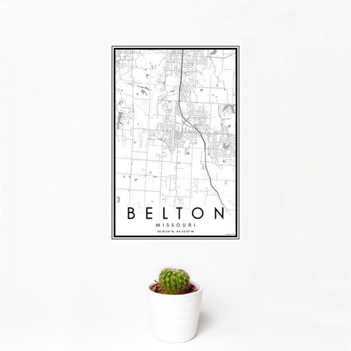 12x18 Belton Missouri Map Print Portrait Orientation in Classic Style With Small Cactus Plant in White Planter