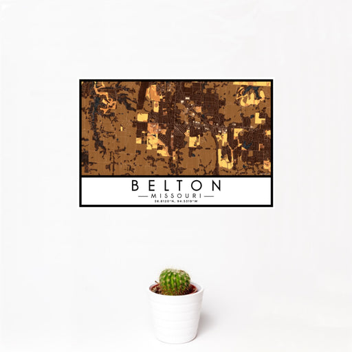 12x18 Belton Missouri Map Print Landscape Orientation in Ember Style With Small Cactus Plant in White Planter