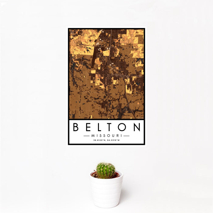 12x18 Belton Missouri Map Print Portrait Orientation in Ember Style With Small Cactus Plant in White Planter