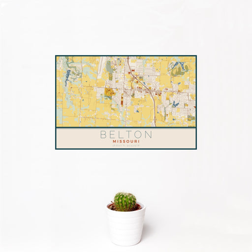 12x18 Belton Missouri Map Print Landscape Orientation in Woodblock Style With Small Cactus Plant in White Planter