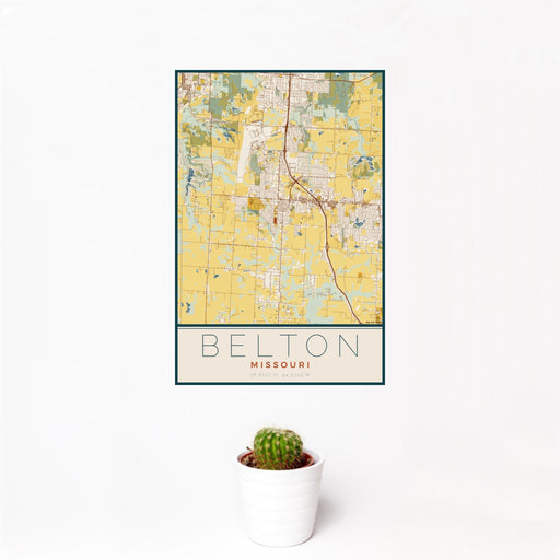 12x18 Belton Missouri Map Print Portrait Orientation in Woodblock Style With Small Cactus Plant in White Planter