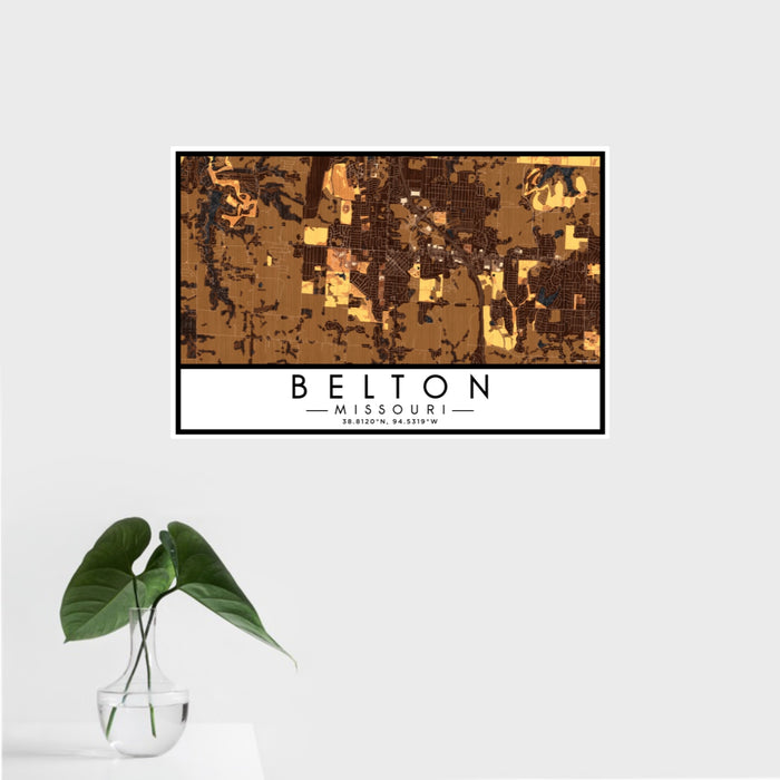 16x24 Belton Missouri Map Print Landscape Orientation in Ember Style With Tropical Plant Leaves in Water