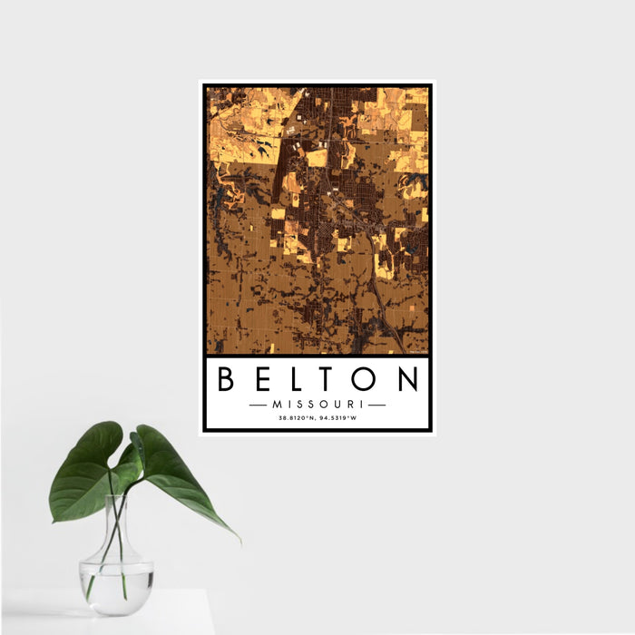 16x24 Belton Missouri Map Print Portrait Orientation in Ember Style With Tropical Plant Leaves in Water