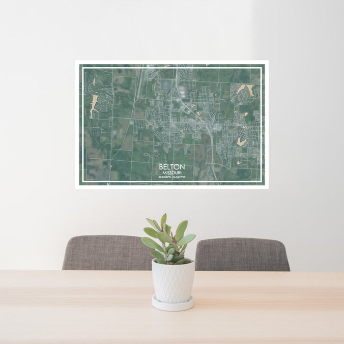 24x36 Belton Missouri Map Print Lanscape Orientation in Afternoon Style Behind 2 Chairs Table and Potted Plant