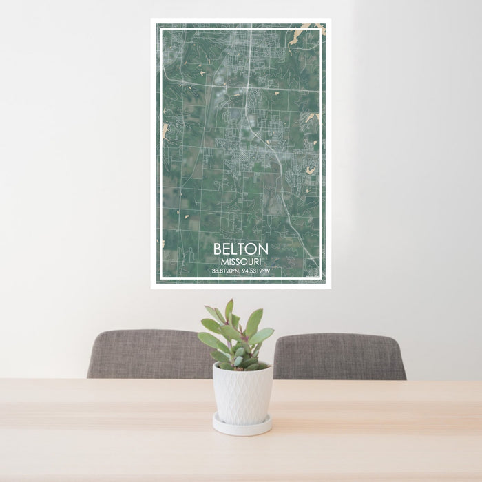 24x36 Belton Missouri Map Print Portrait Orientation in Afternoon Style Behind 2 Chairs Table and Potted Plant