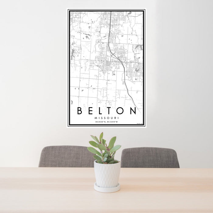 24x36 Belton Missouri Map Print Portrait Orientation in Classic Style Behind 2 Chairs Table and Potted Plant