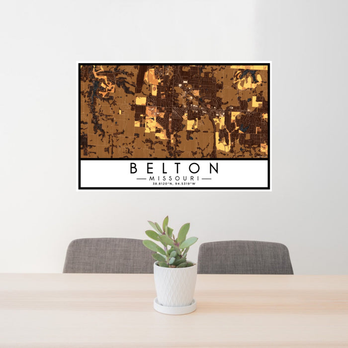 24x36 Belton Missouri Map Print Lanscape Orientation in Ember Style Behind 2 Chairs Table and Potted Plant