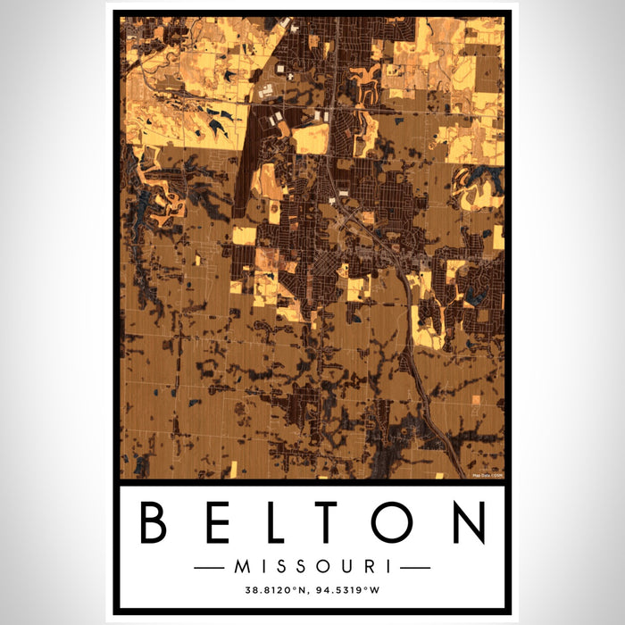Belton Missouri Map Print Portrait Orientation in Ember Style With Shaded Background