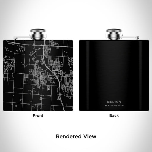 Rendered View of Belton Missouri Map Engraving on 6oz Stainless Steel Flask in Black