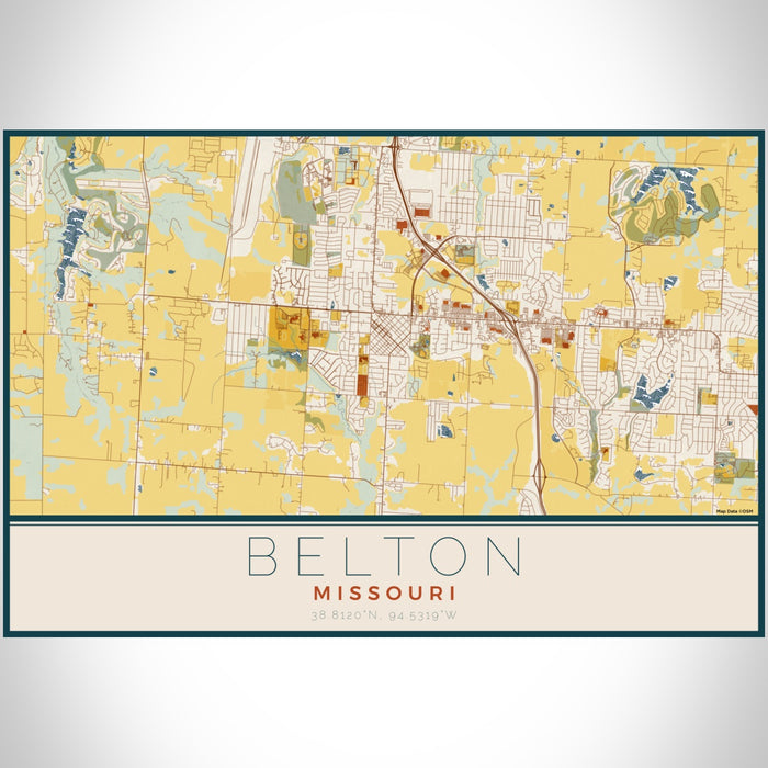 Belton Missouri Map Print Landscape Orientation in Woodblock Style With Shaded Background
