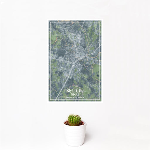 12x18 Belton Texas Map Print Portrait Orientation in Afternoon Style With Small Cactus Plant in White Planter