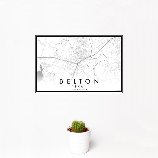 12x18 Belton Texas Map Print Landscape Orientation in Classic Style With Small Cactus Plant in White Planter