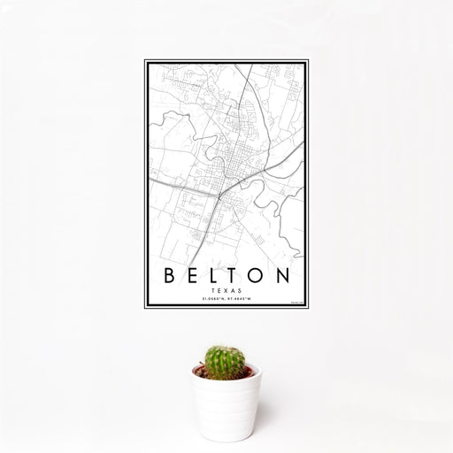 12x18 Belton Texas Map Print Portrait Orientation in Classic Style With Small Cactus Plant in White Planter
