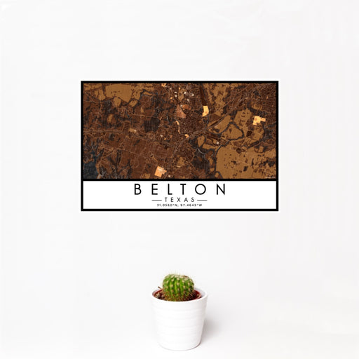 12x18 Belton Texas Map Print Landscape Orientation in Ember Style With Small Cactus Plant in White Planter