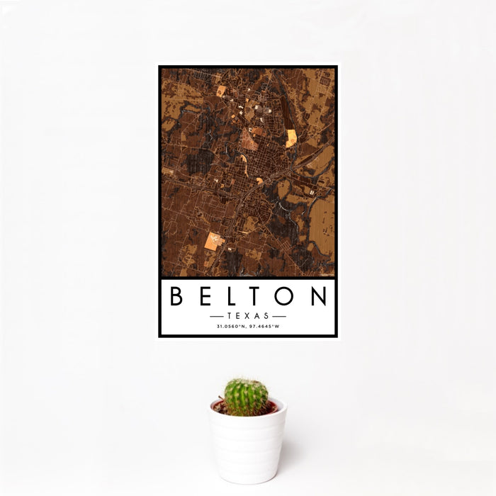12x18 Belton Texas Map Print Portrait Orientation in Ember Style With Small Cactus Plant in White Planter