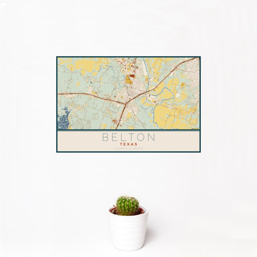12x18 Belton Texas Map Print Landscape Orientation in Woodblock Style With Small Cactus Plant in White Planter