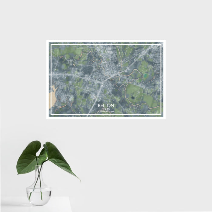 16x24 Belton Texas Map Print Landscape Orientation in Afternoon Style With Tropical Plant Leaves in Water