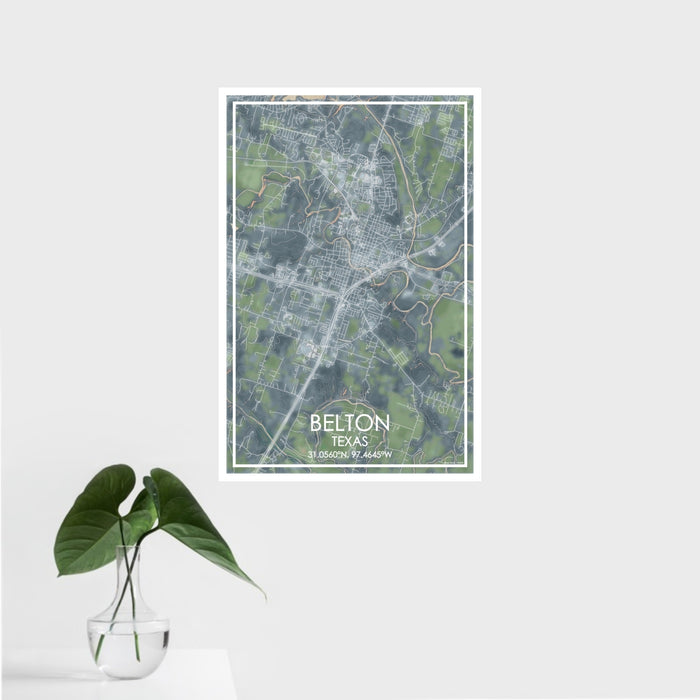 16x24 Belton Texas Map Print Portrait Orientation in Afternoon Style With Tropical Plant Leaves in Water