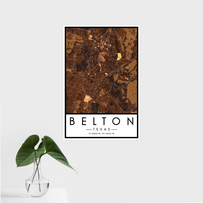 16x24 Belton Texas Map Print Portrait Orientation in Ember Style With Tropical Plant Leaves in Water