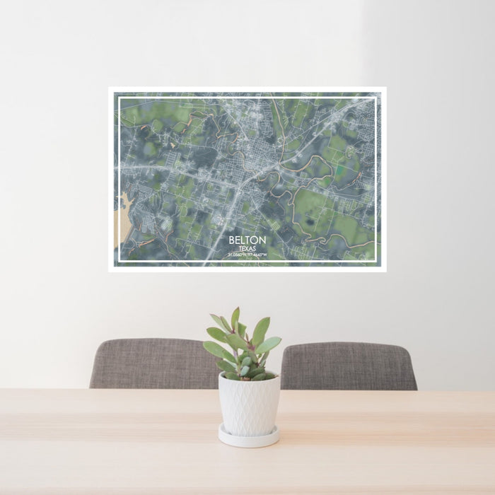 24x36 Belton Texas Map Print Lanscape Orientation in Afternoon Style Behind 2 Chairs Table and Potted Plant