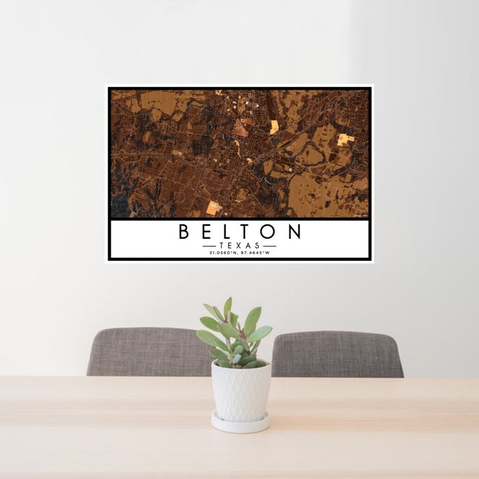 24x36 Belton Texas Map Print Lanscape Orientation in Ember Style Behind 2 Chairs Table and Potted Plant