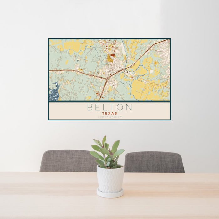 24x36 Belton Texas Map Print Lanscape Orientation in Woodblock Style Behind 2 Chairs Table and Potted Plant
