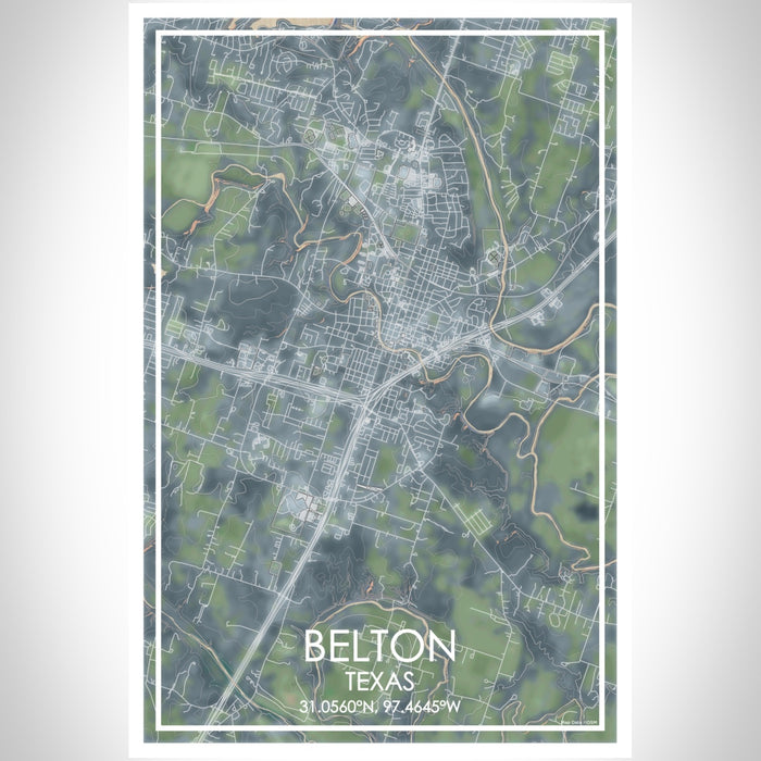 Belton Texas Map Print Portrait Orientation in Afternoon Style With Shaded Background