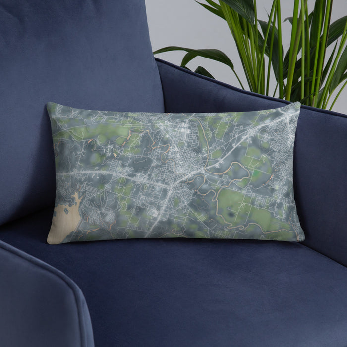 Custom Belton Texas Map Throw Pillow in Afternoon on Blue Colored Chair