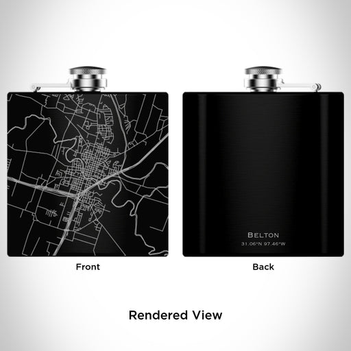 Rendered View of Belton Texas Map Engraving on 6oz Stainless Steel Flask in Black