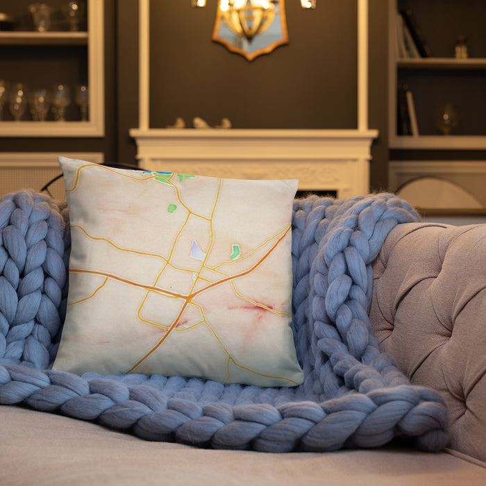 Custom Belton Texas Map Throw Pillow in Watercolor on Cream Colored Couch