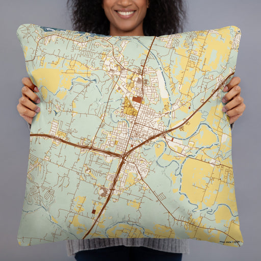 Person holding 22x22 Custom Belton Texas Map Throw Pillow in Woodblock