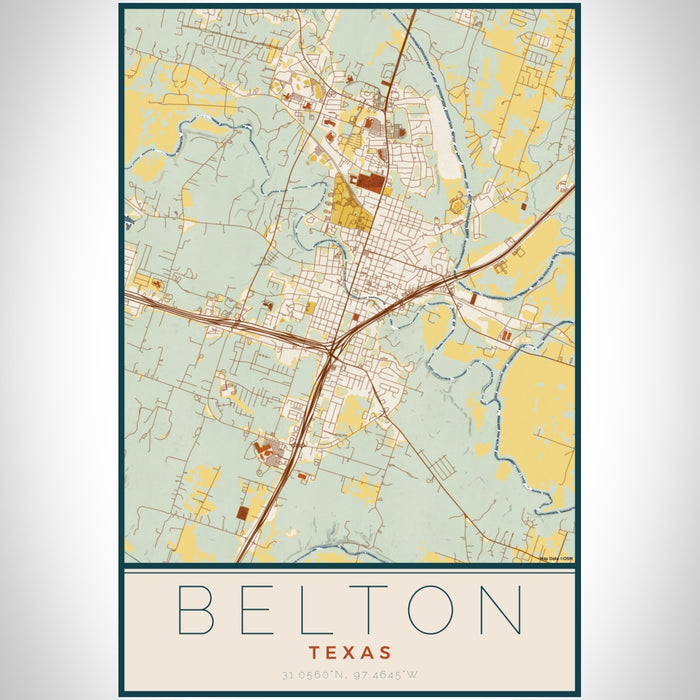 Belton Texas Map Print Portrait Orientation in Woodblock Style With Shaded Background