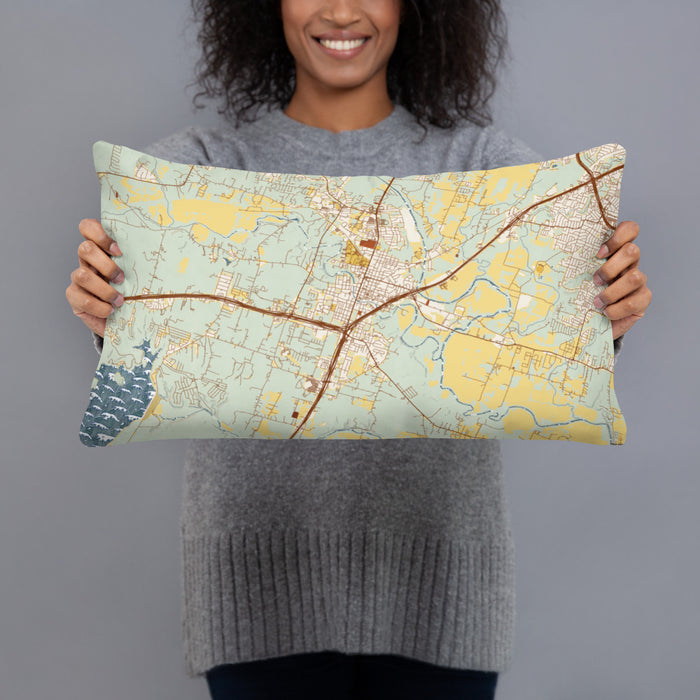 Person holding 20x12 Custom Belton Texas Map Throw Pillow in Woodblock