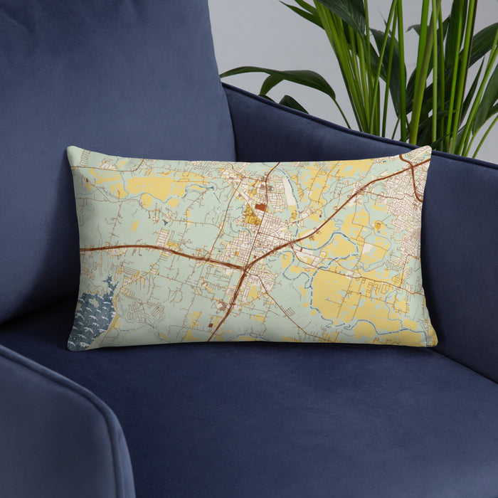 Custom Belton Texas Map Throw Pillow in Woodblock on Blue Colored Chair
