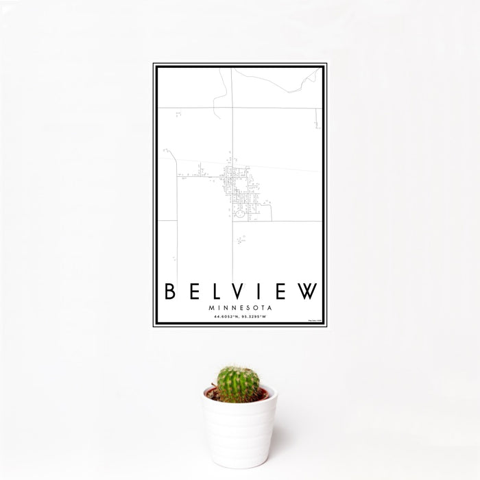 12x18 Belview Minnesota Map Print Portrait Orientation in Classic Style With Small Cactus Plant in White Planter