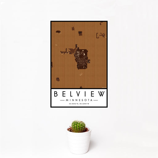 12x18 Belview Minnesota Map Print Portrait Orientation in Ember Style With Small Cactus Plant in White Planter