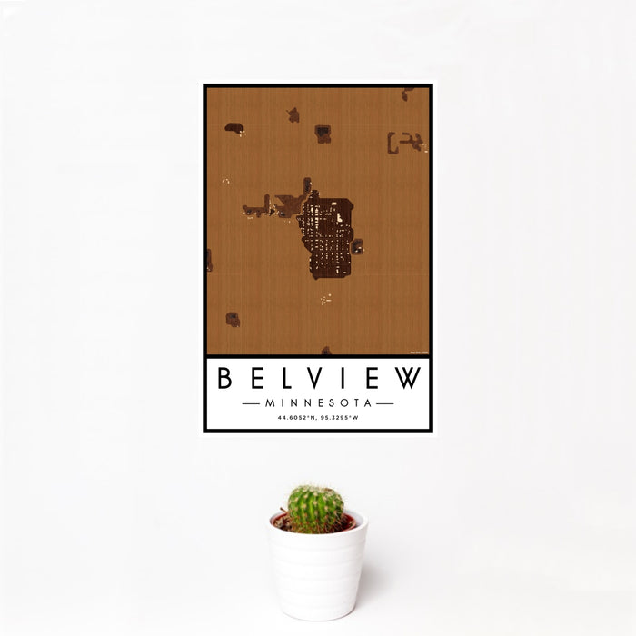 12x18 Belview Minnesota Map Print Portrait Orientation in Ember Style With Small Cactus Plant in White Planter