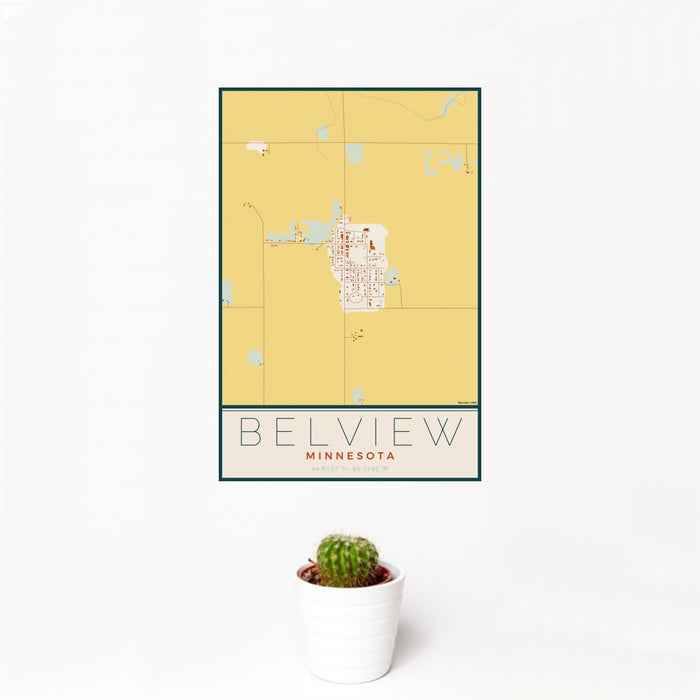 12x18 Belview Minnesota Map Print Portrait Orientation in Woodblock Style With Small Cactus Plant in White Planter
