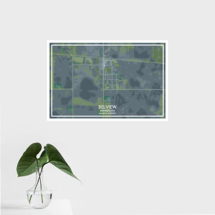 16x24 Belview Minnesota Map Print Landscape Orientation in Afternoon Style With Tropical Plant Leaves in Water