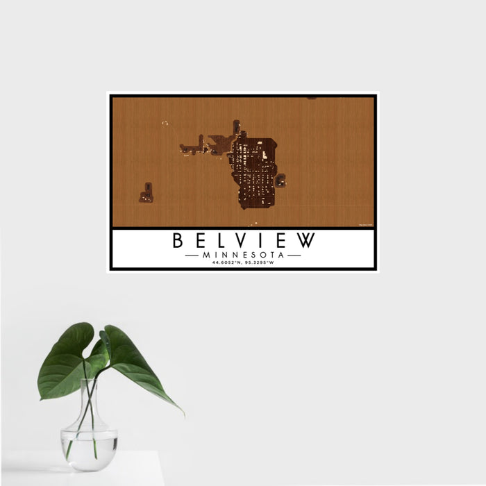 16x24 Belview Minnesota Map Print Landscape Orientation in Ember Style With Tropical Plant Leaves in Water